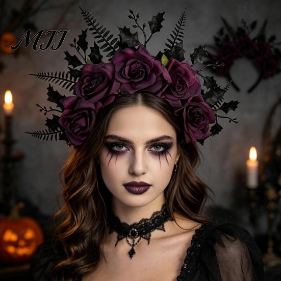 Mysterious Black Flower Hair Accessories Halloween Rose Headband, Leaf Crown Hoops Bands, Unique Gothic Hairband for Gift Headpiece Cosplay