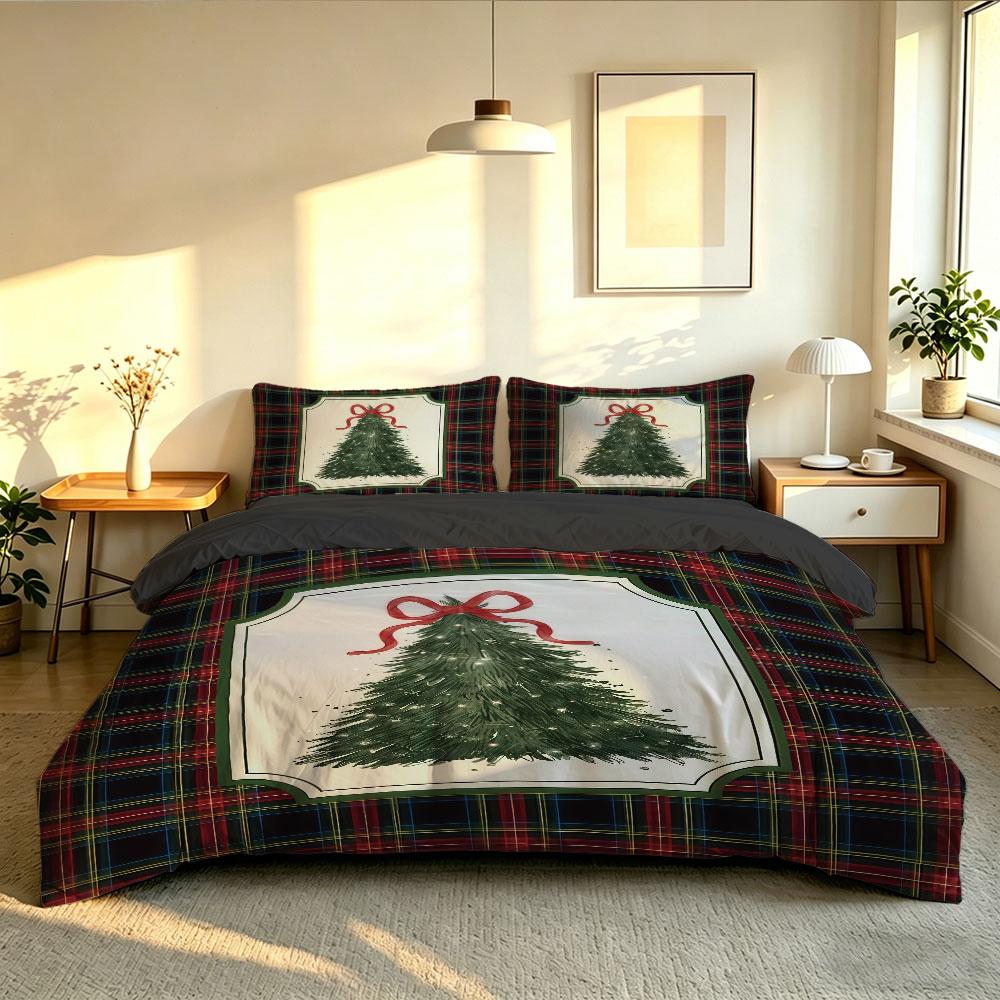 3pcs Christmas Tree Plaid Print Duvet Cover Set Holiday Festive Soft Microfiber Bedding Set with Pillowcases Quilt Cover Decor