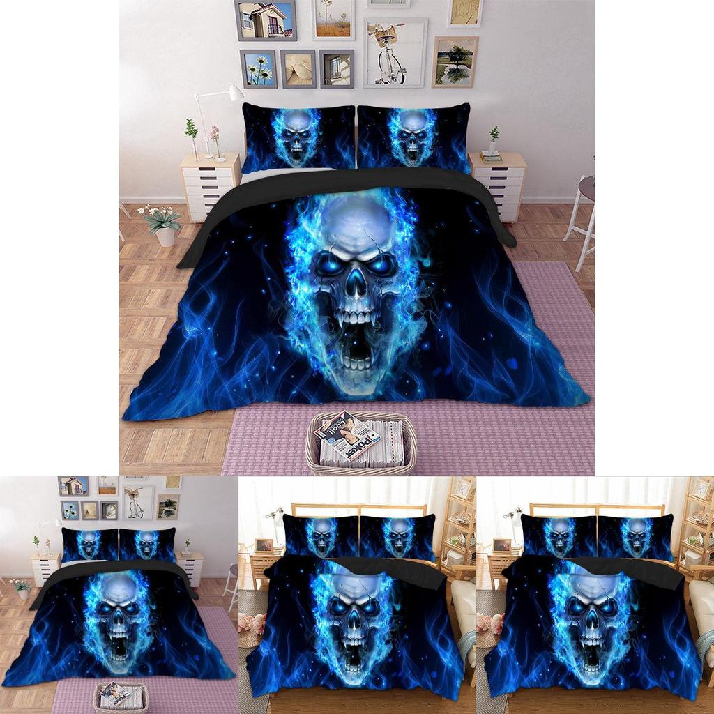 Premium 3d Blue Fire Skull Duvet Cover Pillow Cases Quilt Cover Bedding Set For All Sizes