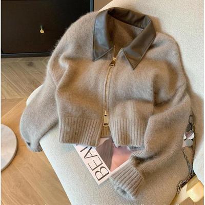 2023 European Leather Polo Collar Zipper Sweater: Autumn/Winter Knit Cardigan for Women