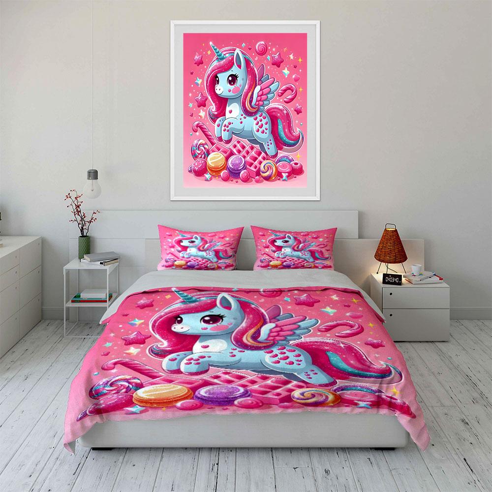 Unicorn Candy Set Decoration Bedding Set With 1 Duvet Cover 2 Pillowcases Single Double King Queen, Gift