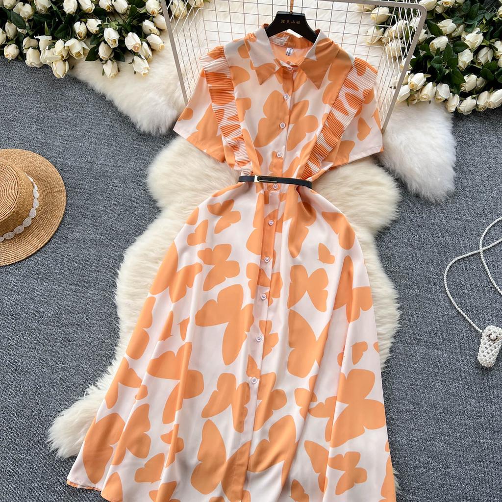 Šik Elegantní Potisk Jedlá Stromová Houba Krátký Rukáv Elegantní Zavinovací Límec Bodycon Šaty Módní Štíhlé Letní Šaty