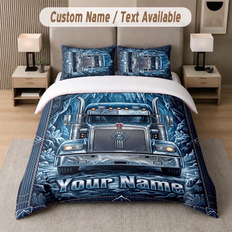 Truck Theme Custom Text Or Name 3Pcs Bedding Set 1 Flat Sheet & 2 Pillowcases Personalized Home Bedding