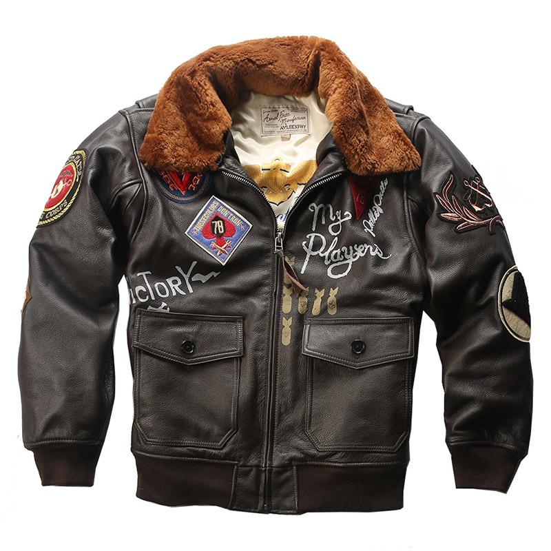 Pilot Jacket Men Warm Real Removable Fur Collar Genuine Cow Leather Coat Vintage Bomber Jacket