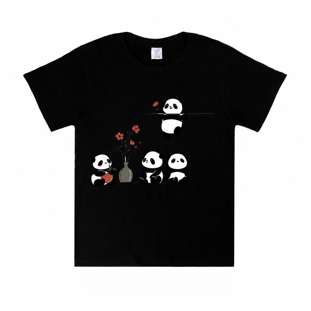 Cute Panda Flower Pattern WoUnisexs Retro Aesthetic Casual Soft Cotton Tshirt Flower Pattern Animal Printed Top