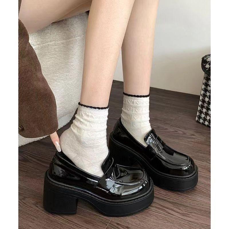 Height-increasing platform small leather shoes women's summer 2025 new thick heel high heel retro British style black French loafers