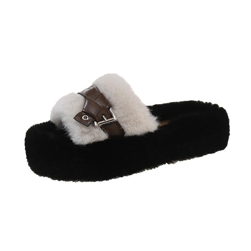 Fashion Flats Fluffy Women Slippers Fashion Buckle Autumn Comfortable Shoes Lady 2025 New Brand Classical Shoes Casual Zapatillas Mujer