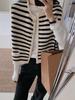 Women's Black & White Striped Sleeveless Knit Cardigan Vest - French Style Spring/Autumn Sweater Outerwear.