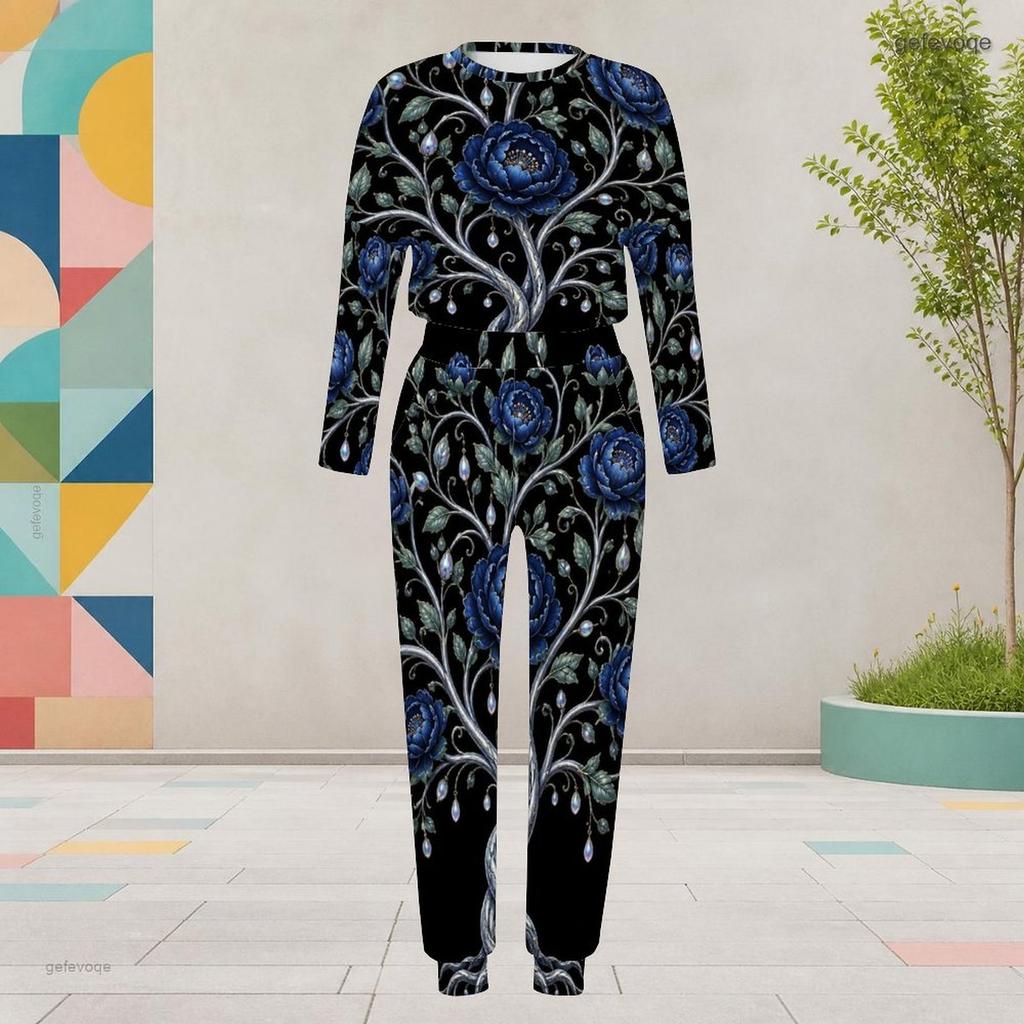 Women Plus Size Round Neck Long Sleeve Black Printed Two Piece Set Cuffed Top And Pants With Pockets