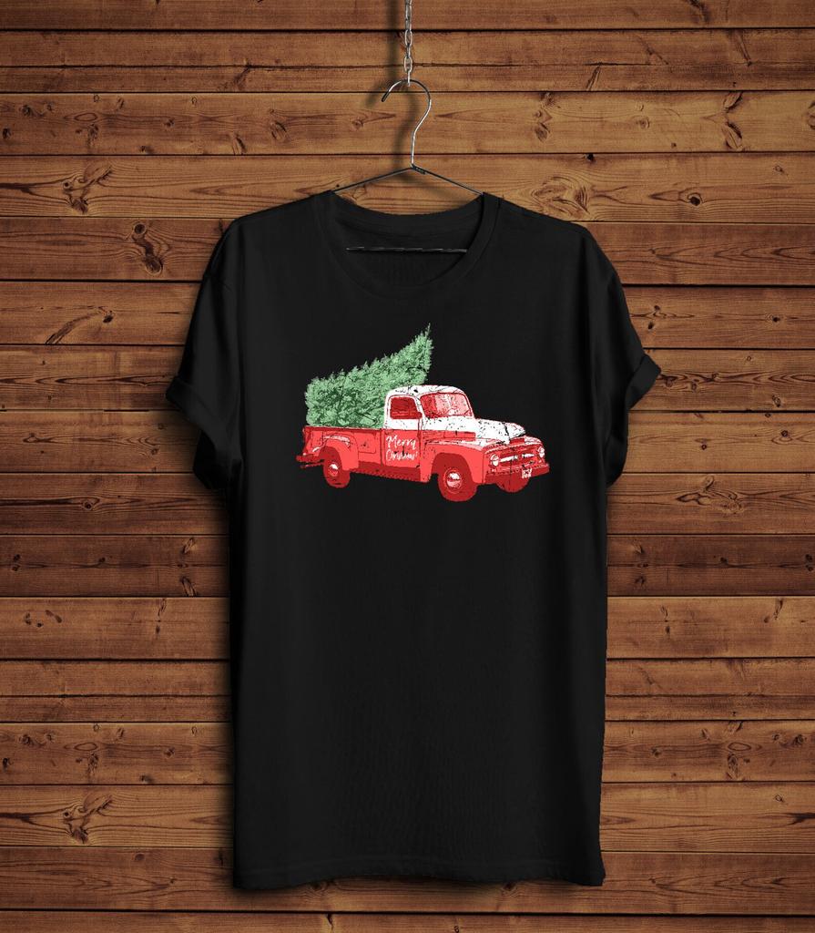 Merry Christmas Vintage Truck with Christmas Tree T-Shirt, Old Red Truck Christmas Shirt, Cute Christmas Gift, Retro Car with Tree Shirt