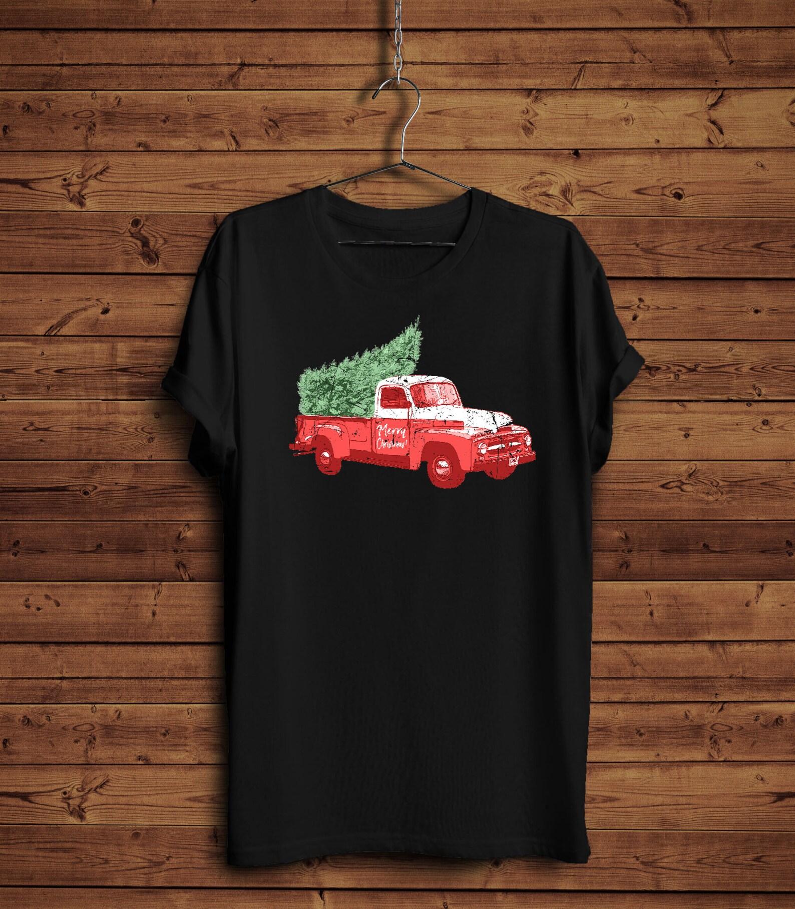 Merry Christmas Vintage Truck with Christmas Tree T-Shirt, Old Red Truck Christmas Shirt, Cute Christmas Gift, Retro Car with Tree Shirt 4XL
