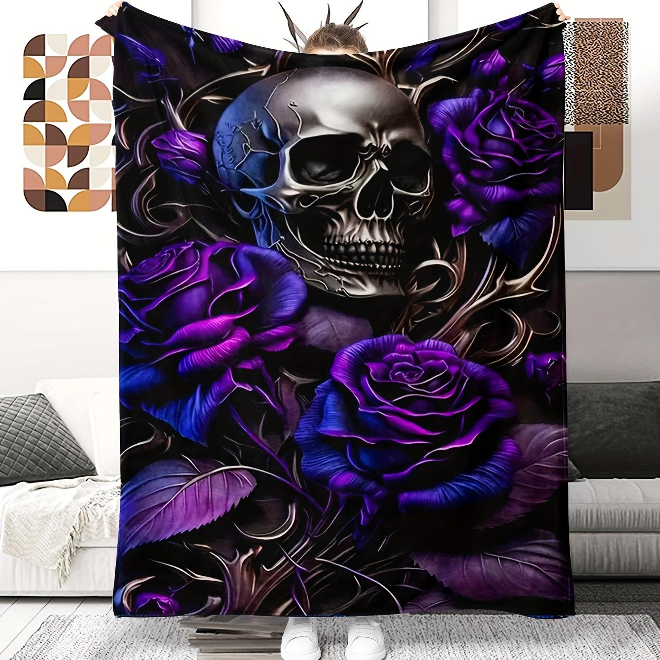 

Traditional Style Hypoallergenic Flannel Throw Blanket with Skull and Roses Print - Hand Washable Digital Print Horror Theme Multipurpose Bl 100*150CM