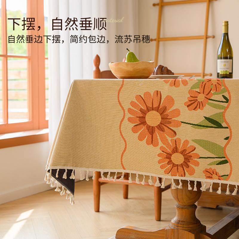 High-Grade High-Grade Table Cloth Cotton And Linen Fabric Yellow Chrysanthemum Pastoral French Embroidery High-Grade Tablecloth Cover
