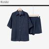 ZANZEA Women Stripe Print Short Sleeve Blouse and Shorts Summer Two Piece Suit Sets