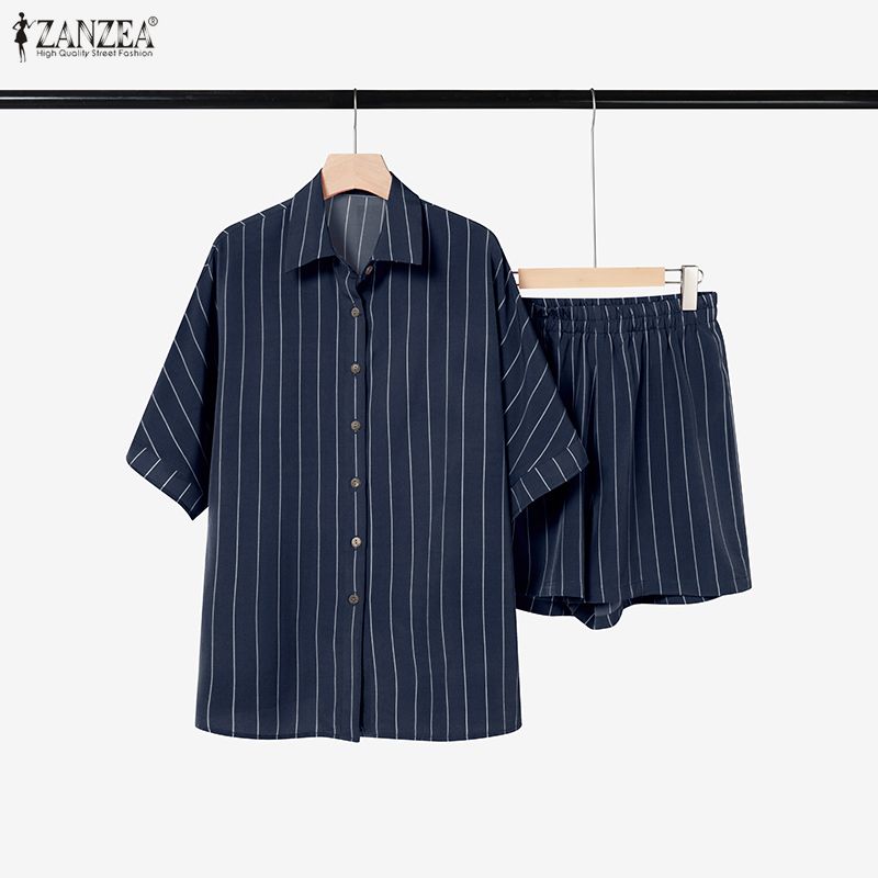 ZANZEA Women Stripe Print Short Sleeve Blouse and Shorts Summer Two Piece Suit Sets