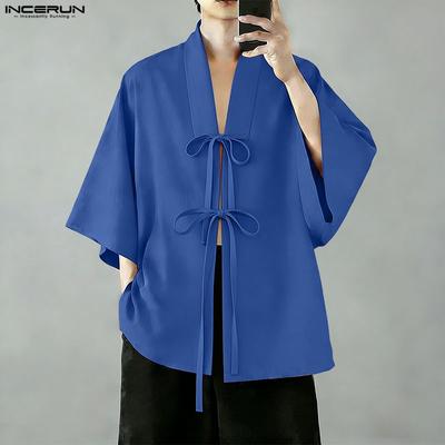 S-5XL Men Short Sleeve Front Lace-up Cardigan Kimono Loose Tops