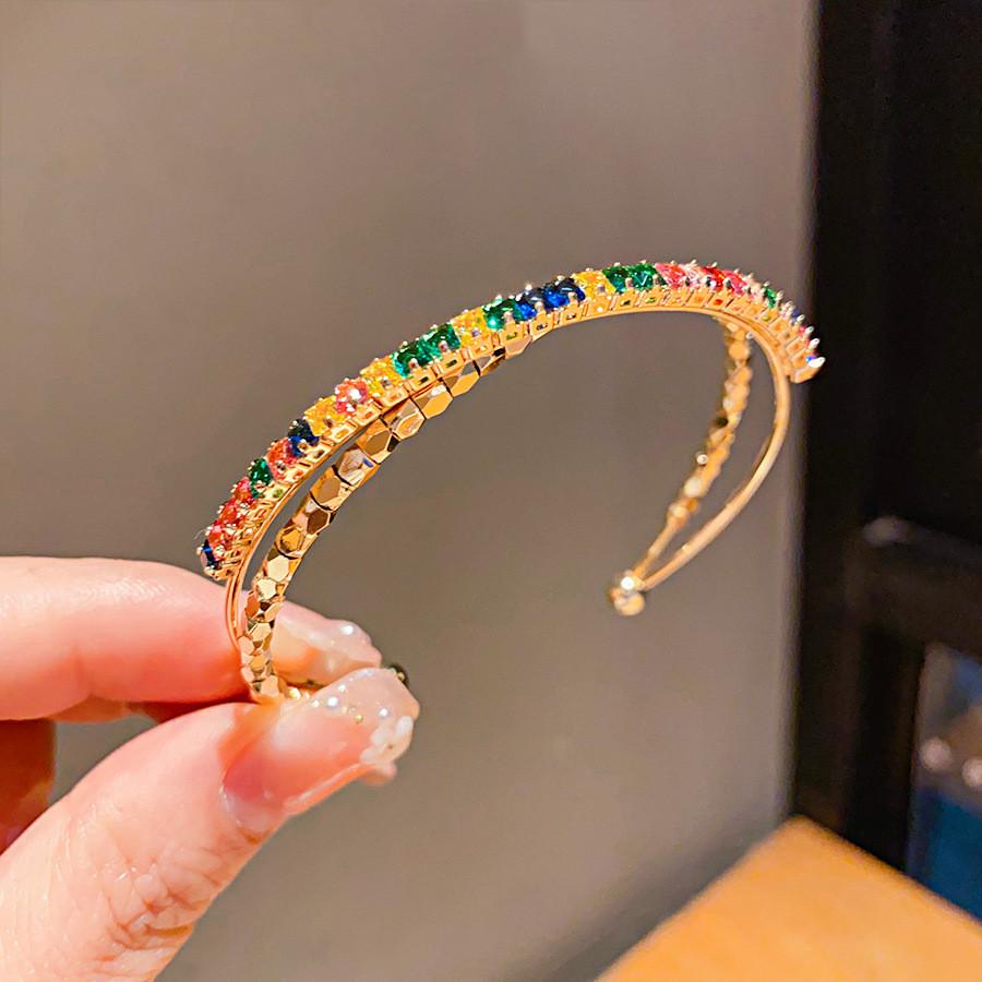 Geometric Zircon Metal Open Cuff Bracelet With Sparkling Stones For Women Fashion Jewelry