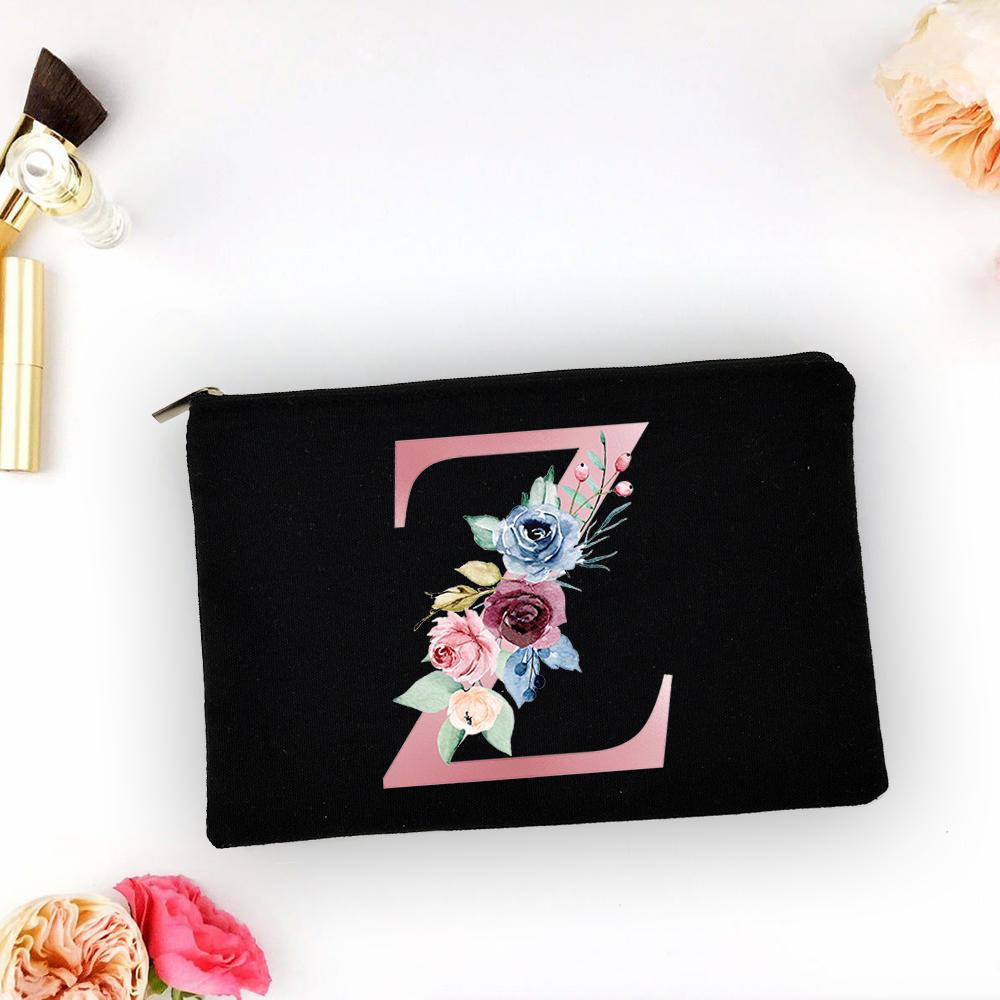 Pink Alphabet Flower A-Z Makeup Bag Make Up Pouch Women Shopping Travel Cosmetic Storage Lipstick Bags Large Capacity Organizer