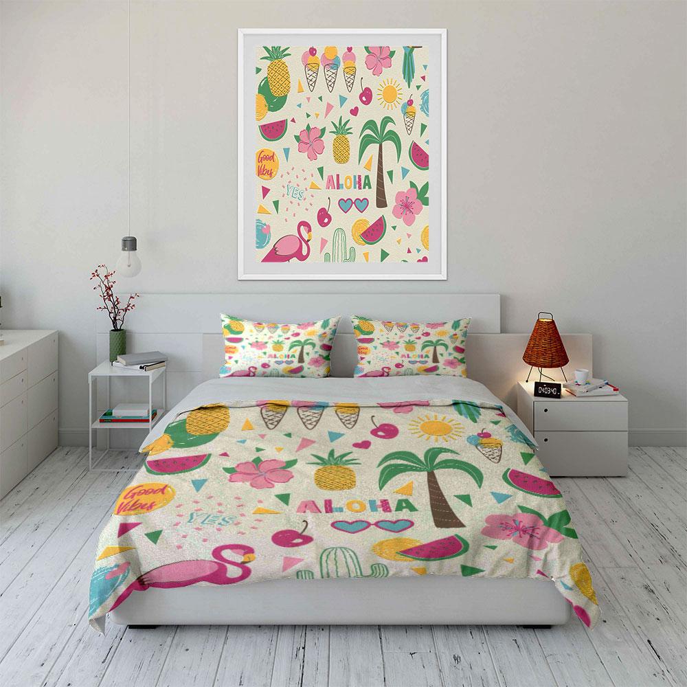 Tropical Aloha Flamingo Pineapple Watermelon Bedding Set 3pcs Summer Cute Fruit Palm Tree Print Duvet Cover Bed Linen