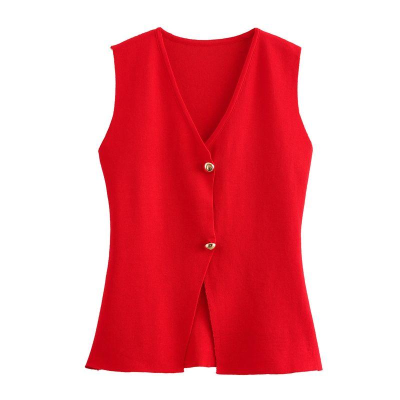 Kaslead New Arrival Women's Clothing Fashion Style Fashion Minimalist Gold Button Decoration Knitting Vest Style Tops