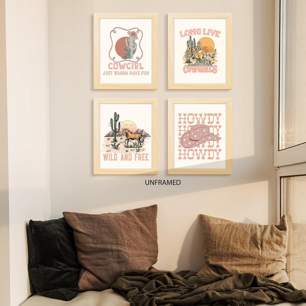 PUHEI Retro Western Howdy Cowgirl Wall Art Prints Set of 4,Nursery Decor Girl, Western Room Decor For Teen Girls, Cowgirl Nursery Boho Bedroom
