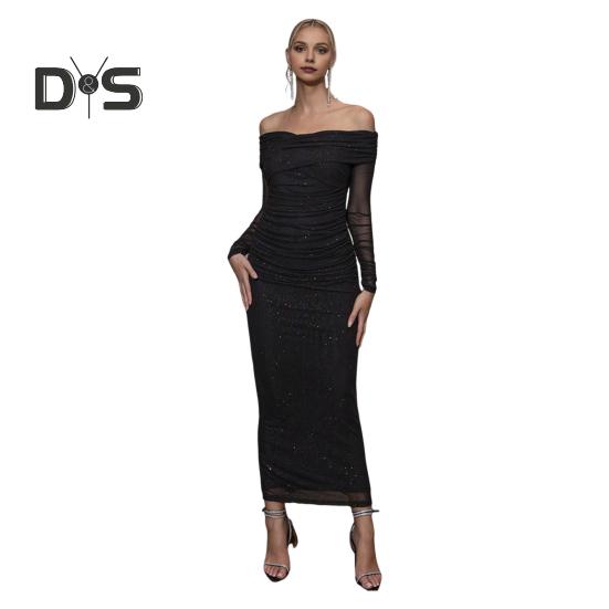 

Женское вечернее платье с открытыми плечами, длинными рукавами, сетчатое, пэчворк, плиссированное, с крестом, бандо, облегающее, для выпускного, свадьбы, вечеринки, коктейльного макси-платья L чёрный