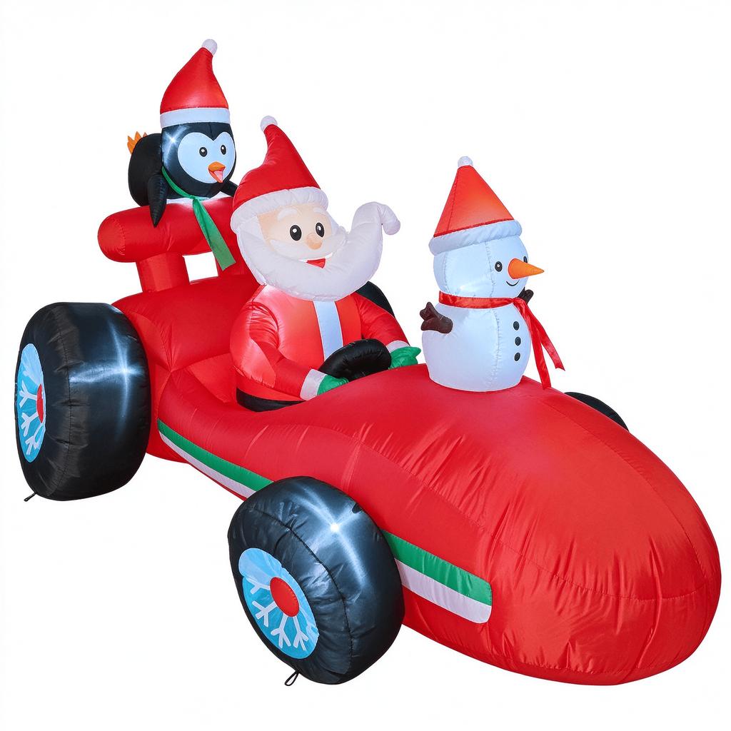 7.8FT/2.4M Inflatable Santa Claus Racing Car with Penguin and Snowman, Glowing Christmas Outdoor Yard Decor