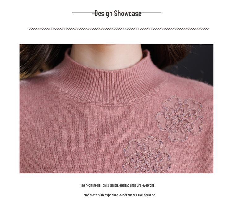 Women's Pure Wool Embroidered Sweater - Half-High Collar, Autumn/Winter, for Middle-Aged & Elderly, Warm Base Layer/Outerwear