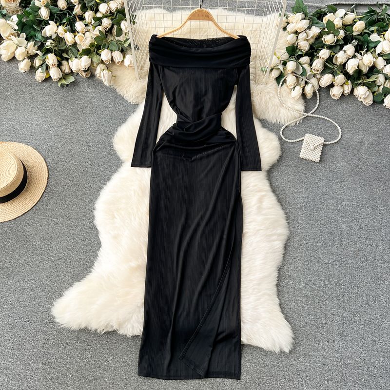 

Pure Desire Sexy Waist-Tight Swing Collar Split Socialite Dress Black M