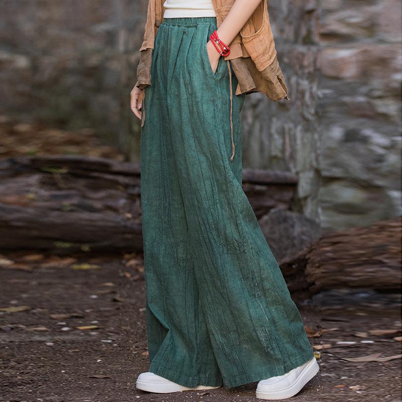 Women's Tie-Dye Cotton & Linen Wide-Leg Trousers with Velvet & Thickened Ramie