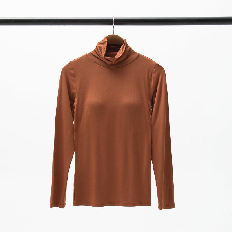 Women's Modal Padded High Neck Long Sleeve T-Shirt with Integrated No Underwire Bra Cup Pajama Base Layer