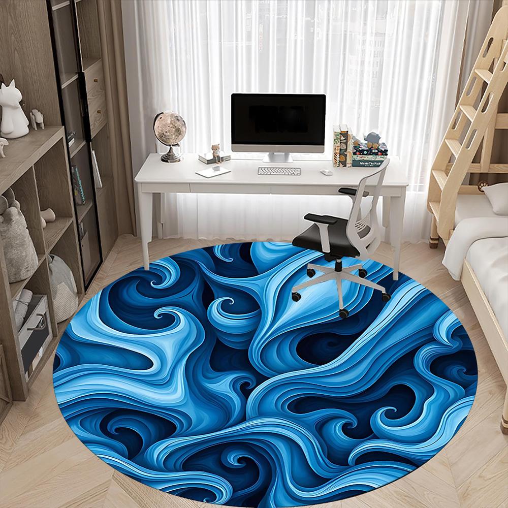 1PC Ocean Waves Pattern Office Round Area Rug, Mat Suitable For Office, Under Office Chairs Bedroom Living Room Home Decor, Room Deco