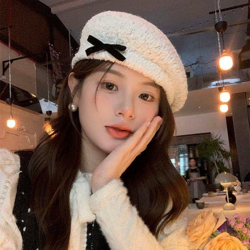 Bow Beret Women's Autumn and Winter New Versatile Hat Big Head Circumference Shows the Face Small Painter Hat Tide