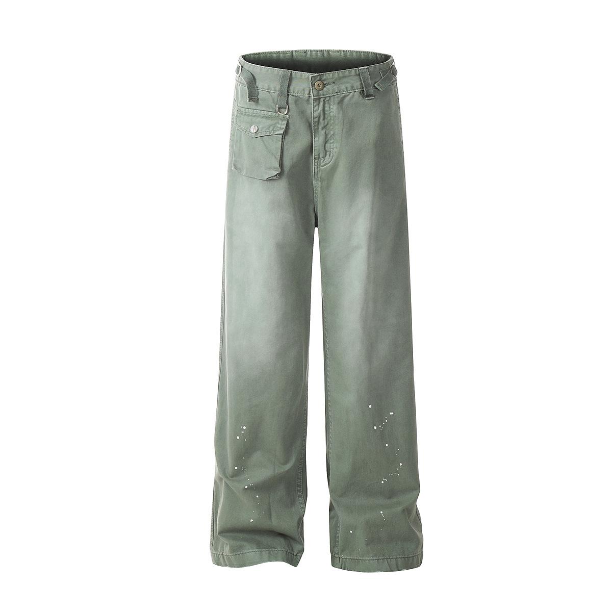 Men s American retro pocket design washed inkjet jeans men s straight vibe trousers S зелёный