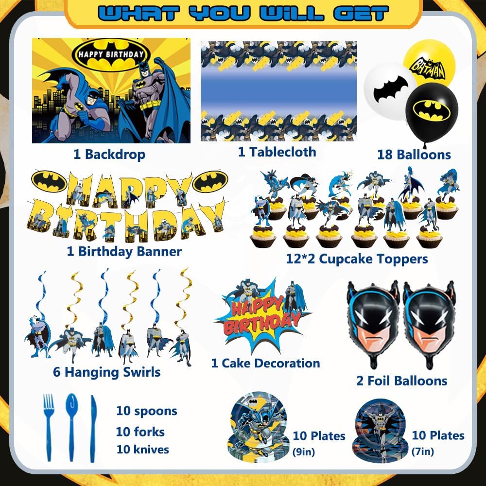 Bat Birthday Decorations, Hero Party Supplies Including Backdrop, Birthday Banner, Tablecloth, Hanging Swirls, Balloons, Cake Toppers, Plates, Forks