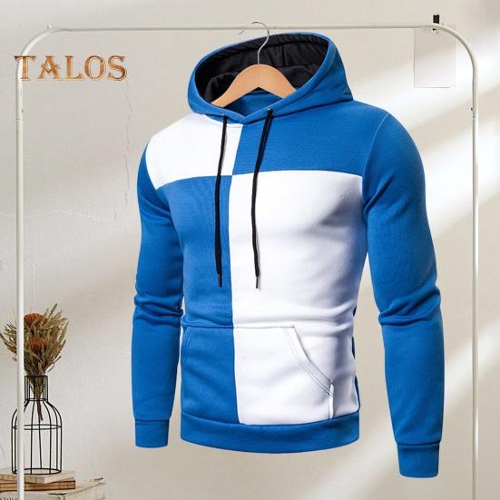 Men Fall Winter Hoodie Colorblock Drawstring Long Sleeves Big Pocket Hooded Retro Thin Loose School Daily Wear Casual Sport Top