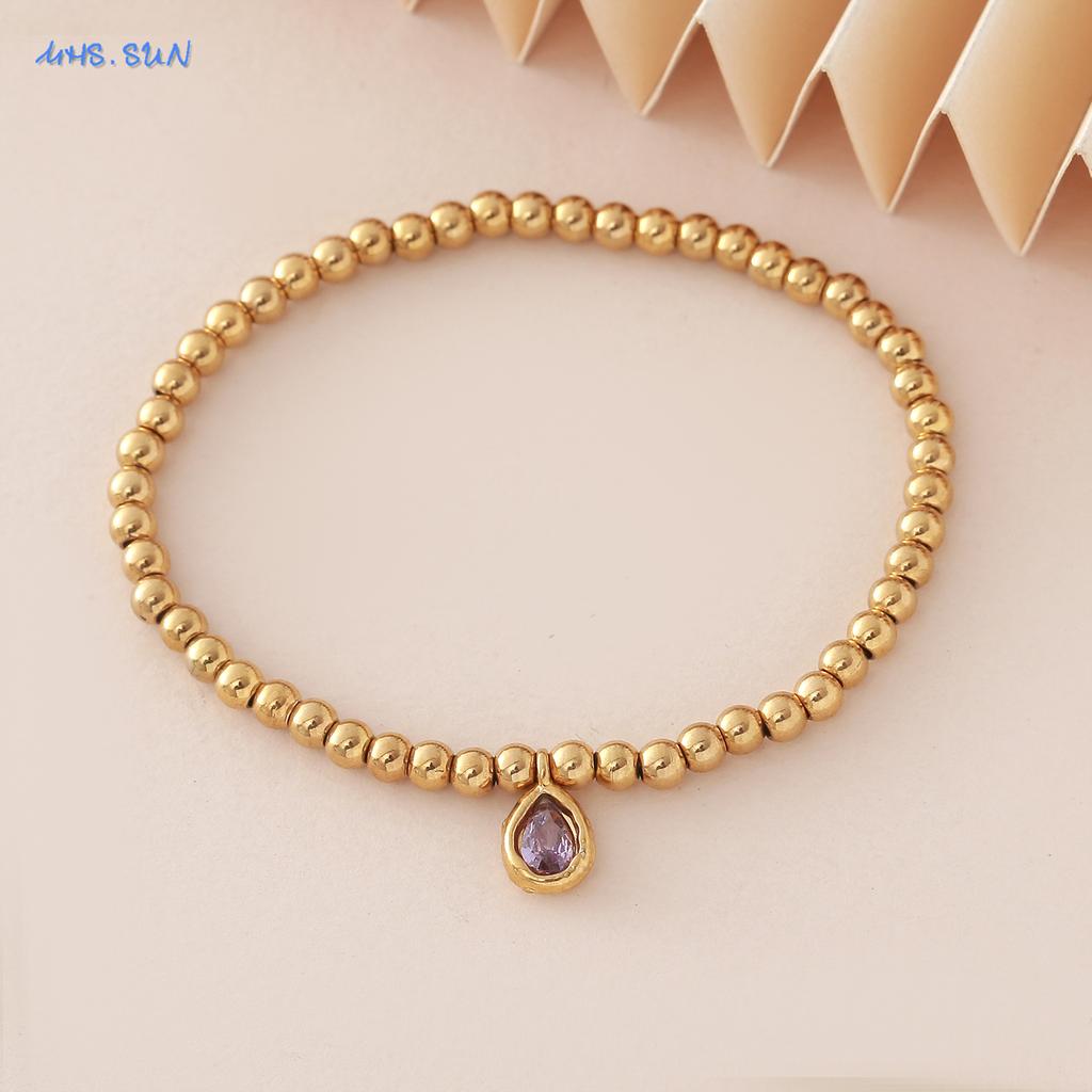 MHS.SUN Stainless Steel Gold Plated 12 Months Birthstone Beaded Bracelets For Women Men Zircon Water Droplet Charm Trend Jewelry