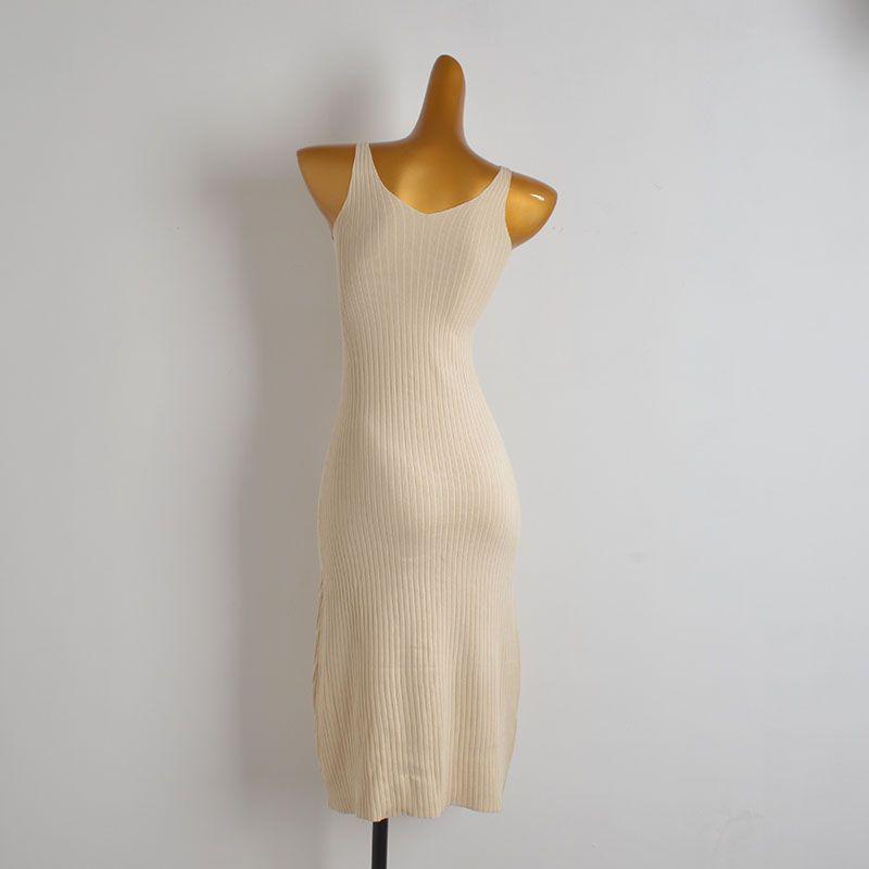 French Style Simple New V-neck Sunken Stripe Sleeveless Knitted Sling Vest Dress Women Clothes Summer Slim Fit Slimming Dress