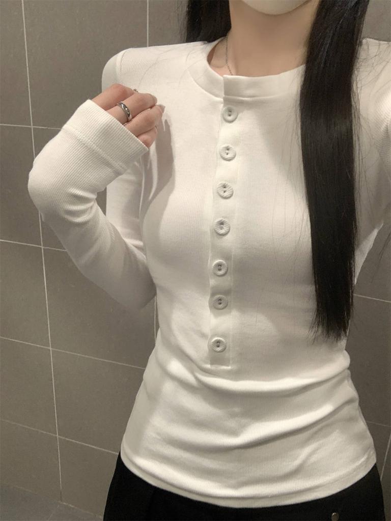 Spring high-end front shoulder long-sleeved shirt women's single-breasted slim-fit Spice Girl style top versatile bottoming shirt