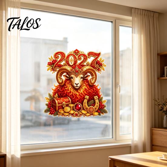 Seasonal Glass Window Ornament 2027 New Year Cling, Red And Gold Zodiac Sheep Static Decals for Doors, Non-adhesive Reusable Sticker Home Office Shop