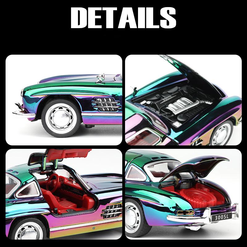Classic 1/32 Benz 300SL Electroplated Version Alloy Diecast Metal Model Sound Light Pull Back Toy Miniatures Vehicle Ornament Gifts