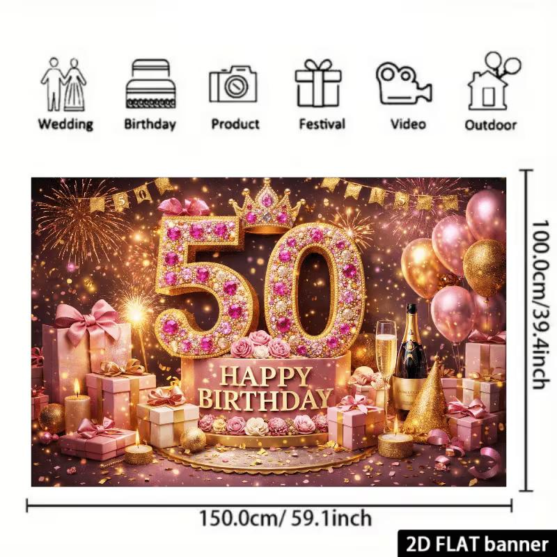 2D Elegant 50th Birthday Backdrop with Champagne, Roses and Gifts Photo Booth Banner