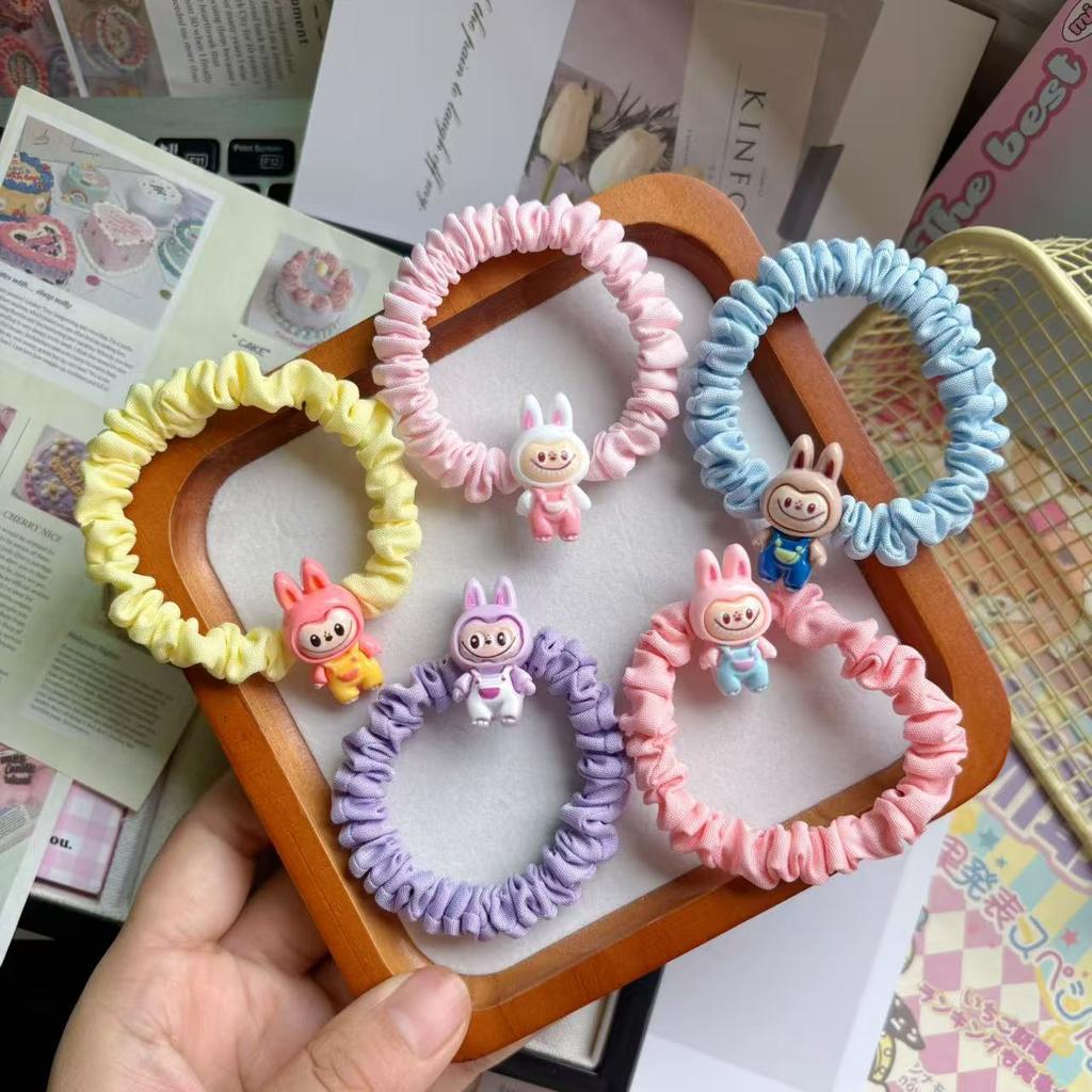 5 Pics Cute Labubu Off-white Intestine Ring Hair Tie - Elastic Fabric Cartoon Style for Kids & Women