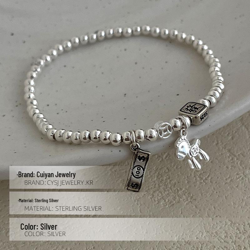 Cui Yan S925 Sterling Silver Korean-Style Beaded Bracelet for Women - Elastic Cord, Wealth Attraction, High-End Feel.