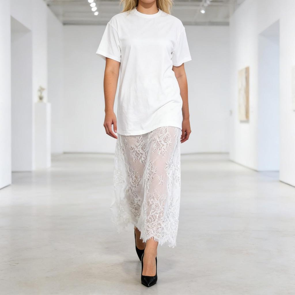 Abito da Donna in Pizzo Manica Corta Girocollo Patchwork T-shirt Abito Lungo Estivo Casual Leggero Abito Stratificato