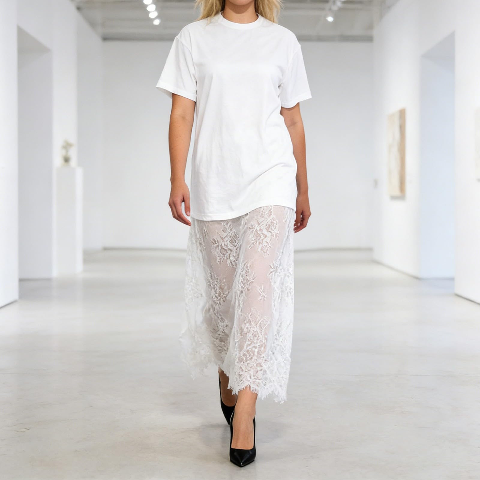 

Women Lace Dress Short Sleeve Round Neck Patchwork T Shirt Long Dress Summer Casual Lightweight Layered Dress S