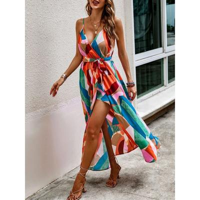 Women Print Maxi Dress Spaghetti Strap V Neck Split Casual Bohemian Summer Beach Long Dress