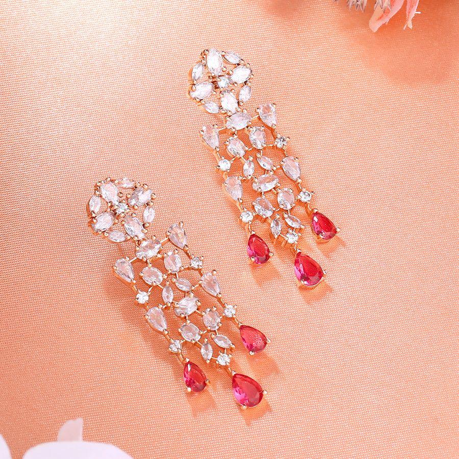 Estele Designer Rose Gold Plated Earrings with Shimmering CZ Studs and Pink Tourmaline Stones for Women