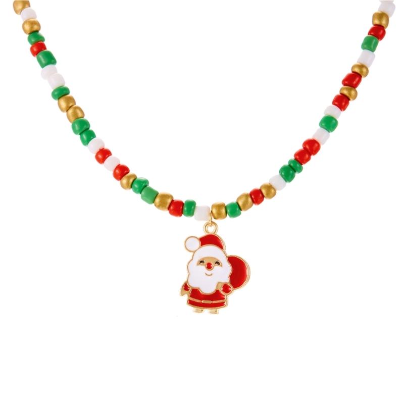 Santa Claus Christmas Tree Pendant Necklace Beads Jewelry Elegant Holiday Gift For Women’s Festive Occasion Outfits