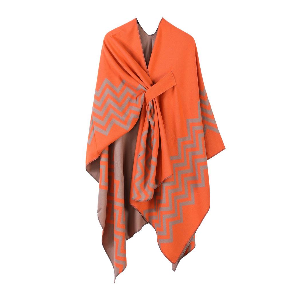 Women's European & American Double-Sided Solid Color Cape Shawl with Striped Edge